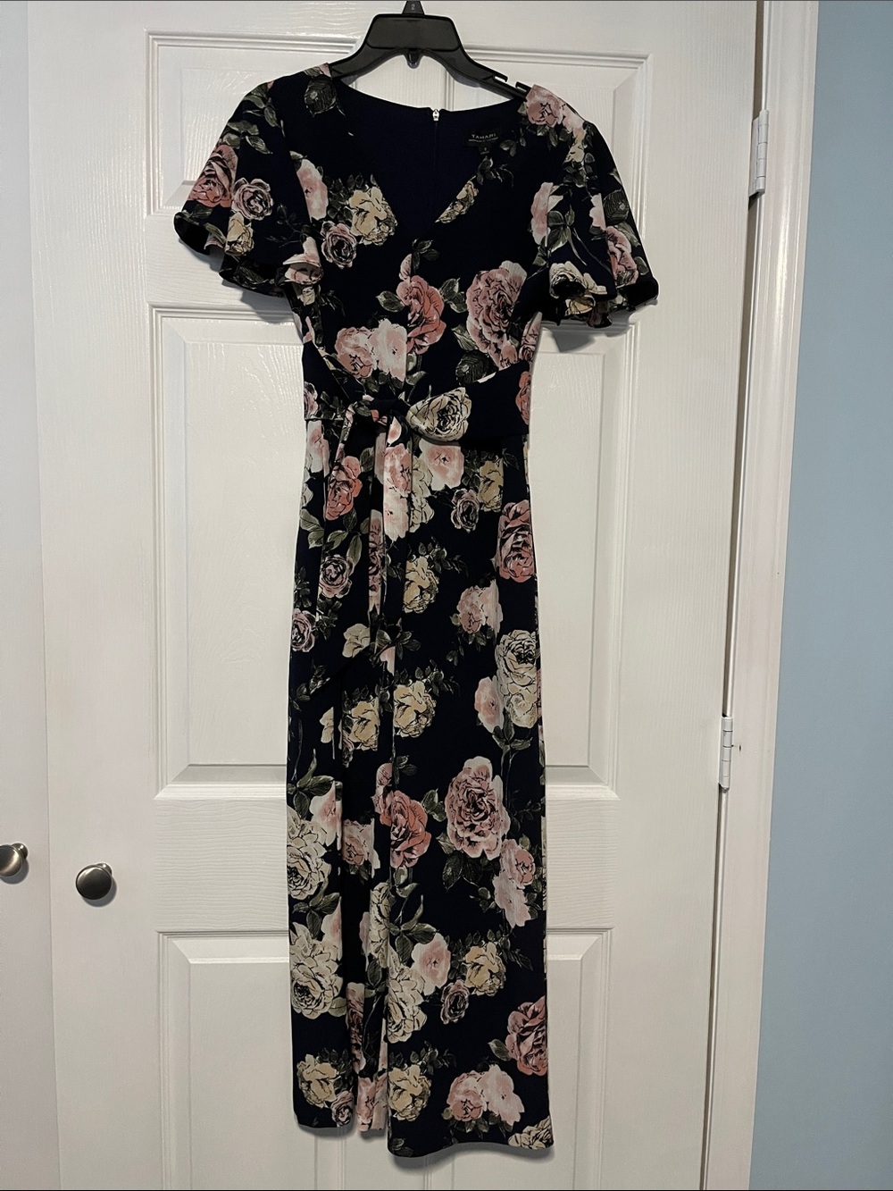 Tahari Black Maxi Dress with Pink and Cream Floral Print Size 2